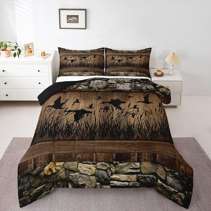 Erosebridal Mallard Duck Hunting Full Size Comforter Set Farmhouse Lodge Bedding Set Rustic Cabin Bedding Comforter Sets,Brown Country Wooden Stone Quilt 3 Pcs