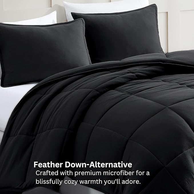 Casa Platino King Size Comforter Set - Pre-Washed Ultra Soft, Breathable & Cozy, 100% Brushed Microfiber Duvet Insert - Fade Resistant Bed Comforter - Black