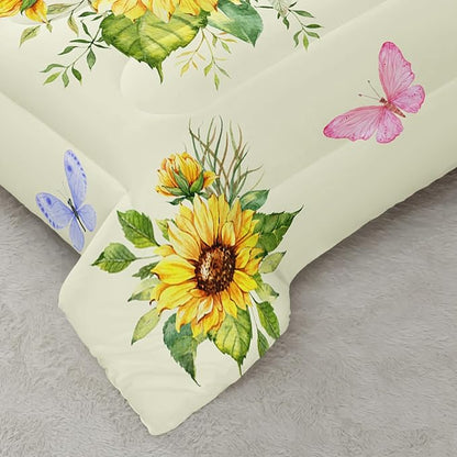 3 Piece Sunflower Comforter Sets Full Size,Vintage Floral Bedding Set for Girls Boys Adults,3 Piece Bed in A Bag,Ultra Soft Microfiber All Season Yellow Flower Bedding Set