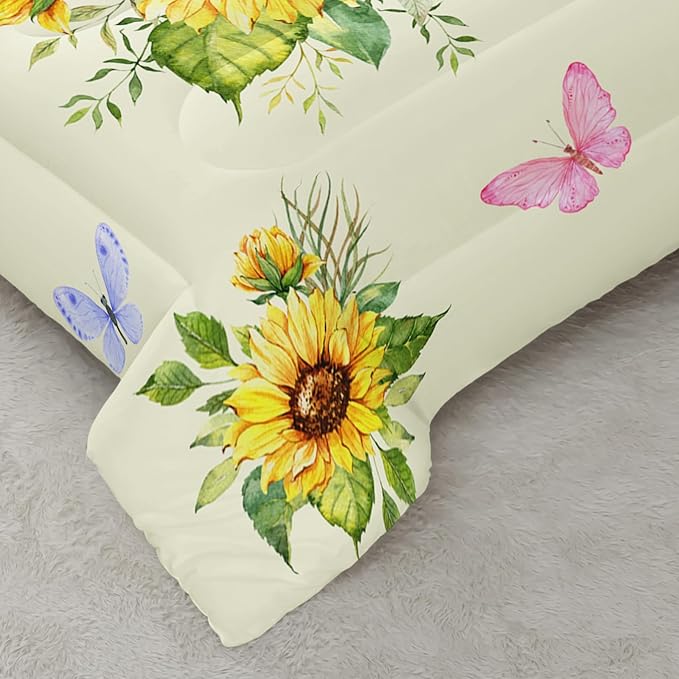 3 Piece Sunflower Comforter Sets Twin Size,Vintage Floral Bedding Set for Girls Boys Adults,3 Piece Bed in A Bag,Ultra Soft Microfiber All Season Yellow Flower Bedding Set