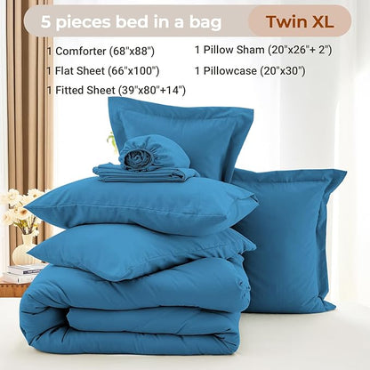 MUXHOMO 5 Pieces Twin XL Comforter Set, Soft Bed in a Bag Twin XL Size, All Season Bedding Set with Comforter, Flat Sheet, Fitted Sheet, Pillowcases & Shams, Bluish Green