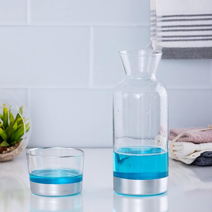GARIZZE Bedside Water Carafe and Glass Set for Bedroom, Bedside Carafe and Glass Set, Mouthwash Decanter for Bathroom, Water Carafe with Glass Cup for Nightstand (24-oz/7-oz) (SILVER) GIFT BOX
