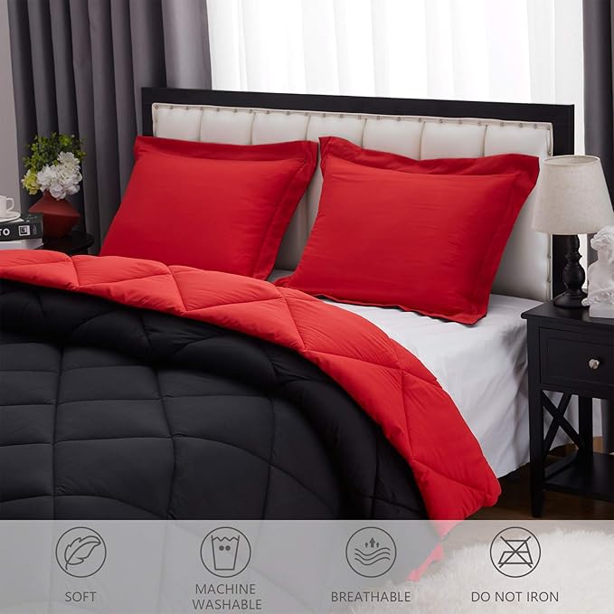NexHome King Size Comforter Set Black&Red, 3 Pieces Lightweight Reversible Comforter King Size, All Season Fluffy Down Alternative Comforter Bed Set Quilt Blanket(102x90 in Comforter & 2 Pillowsham)