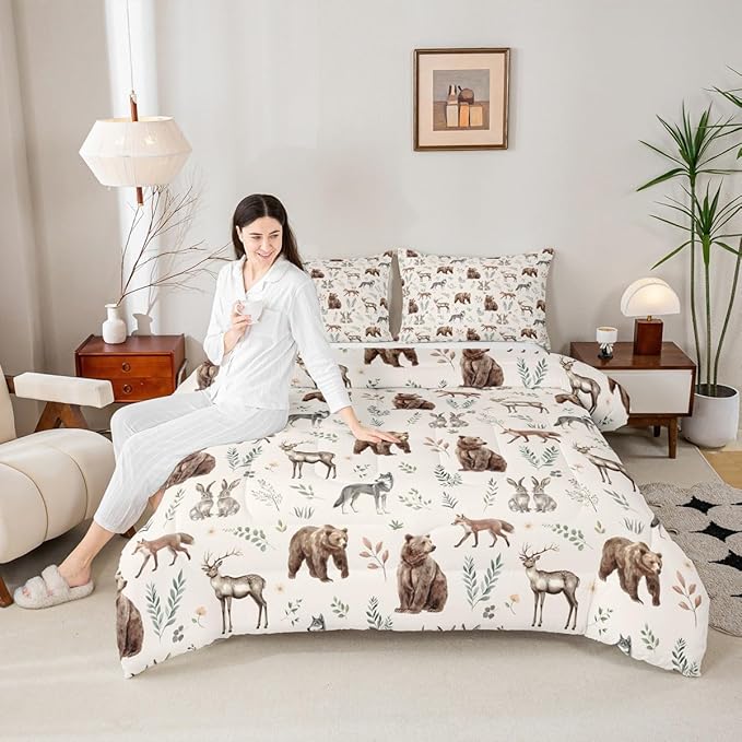 Erosebridal Woodland Animals Comforter Set Queen Size Bear Deer Hunting Theme Bedding Set for Kids Child Bedroom | Cartoon Rabbit Wolf Fox Wildlife Duvet Insert Rustic Cabin Lodge Decor Quilt