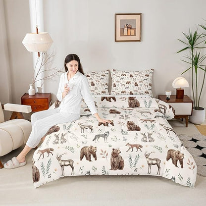 Erosebridal Woodland Animals Comforter Set Queen Size Bear Deer Hunting Theme Bedding Set for Kids Child Bedroom | Cartoon Rabbit Wolf Fox Wildlife Duvet Insert Rustic Cabin Lodge Decor Quilt