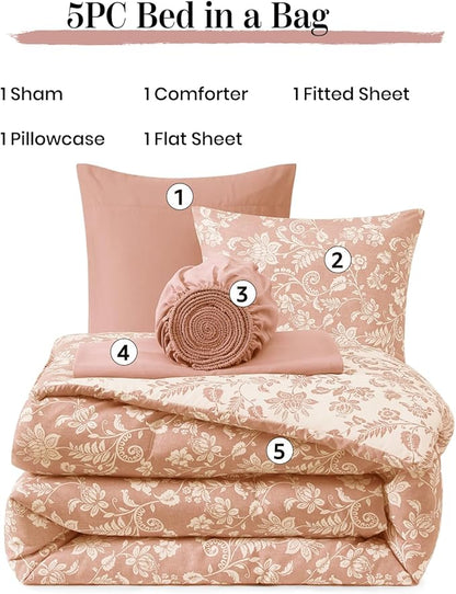 Twin XL Comforter Set -5 Pieces Floral Clay Pink Bedding Set for All Seasons, Bed in a Bag with Botanical Flowers Comforter, Sheets, Pillowcase & Sham