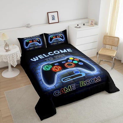 jejeloiu Blue Gamer Gaming Bedding Set Toddle Size for Boys Game Console Comforter Set Kids Teens Neon Light Duvet Set Cool Game Room Decor Quilt Set 2Pcs