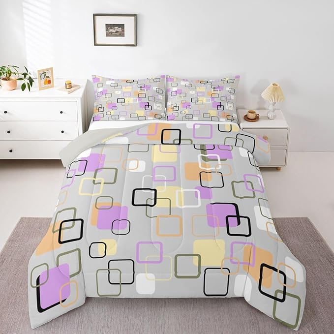 Erosebridal Retro Geometric Square Comforter Set King Pastel Purple Grey Plaid Bedding Set Modern Abstract Checkerboard Comforter for Kids Girls Boys Checkered Latticed Quilt Duvet
