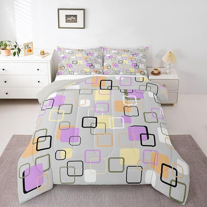 Erosebridal Retro Geometric Square Comforter Set King Pastel Purple Grey Plaid Bedding Set Modern Abstract Checkerboard Comforter for Kids Girls Boys Checkered Latticed Quilt Duvet