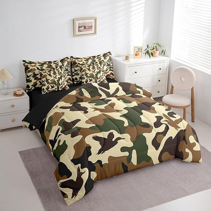 Erosebridal Duck Hunting 7 Pcs Bed Set King Size Camo Bedding for Kids Army Camouflage Hunting Bed in A Bag Sheet Set Vintage Green Brown Bedroom Decor Wild Animal Duck Rustic Comforter Set