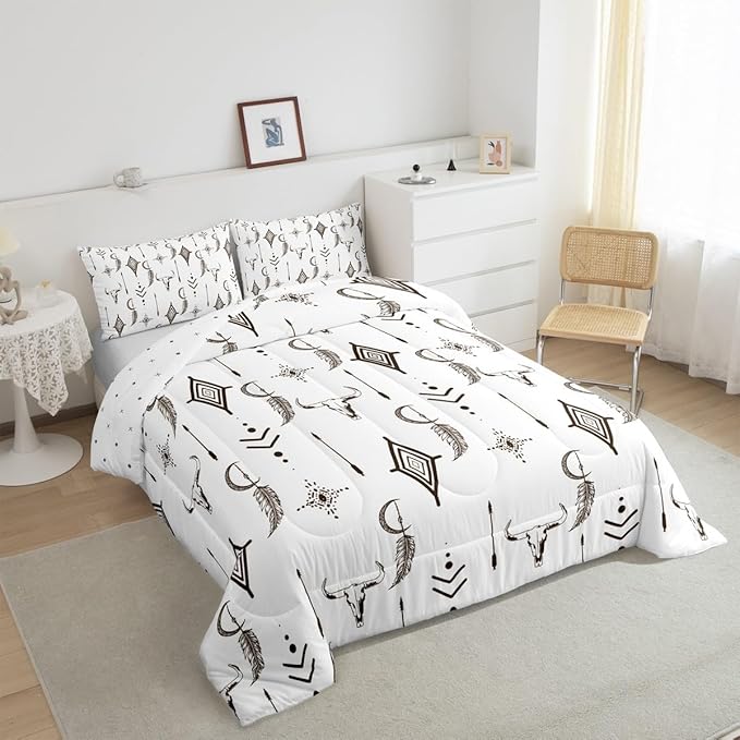 Feelyou Western Bull Skull Comforter Set Ethnic Horns Boho Bedding Set King Size for Kids Adult Brown White Tribal Symbol Mysterious Aztec Comforter