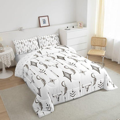 Feelyou Western Bull Skull Comforter Set Ethnic Horns Boho Bedding Set Twin Size for Kids Adult Brown White Tribal Symbol Mysterious Aztec Comforter