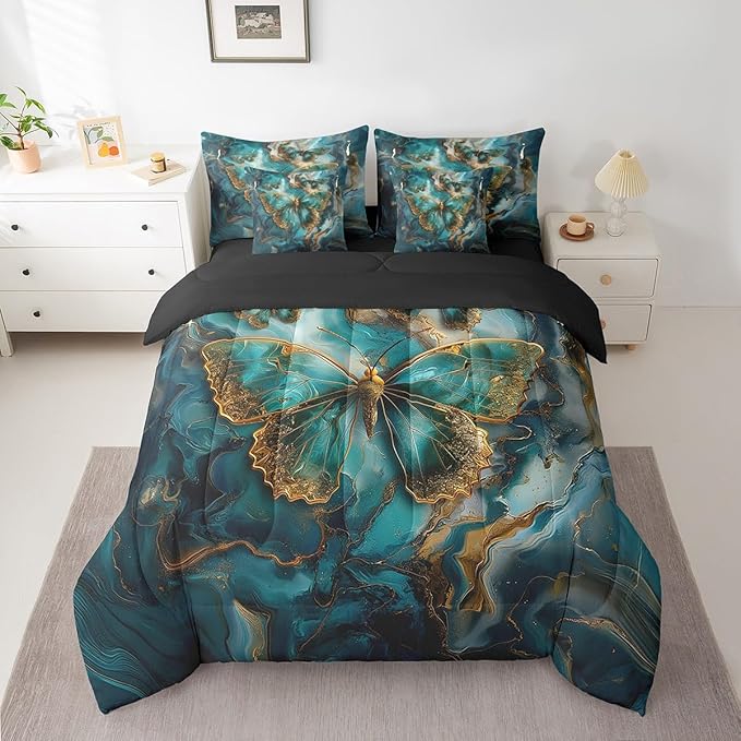 Erosebridal Boho Butterfly King Comforter Set with Sheets 7 Piece,Teal and Gold Marble Gradient Bedding Set Abstract Decor for Bedroom,Trippy Butterfly Bed in a Bag with Pillowcases & Shams