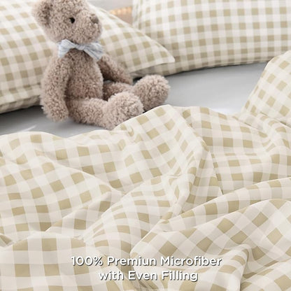 Andency Beige Gingham Comforter Set Full(79x90Inch), Cream Checkered Grid Plaid Buffalo Bed Set for Girls Boys Kids Teens, 3 Pieces Lightweight Microfiber Geometric Preppy Bedding