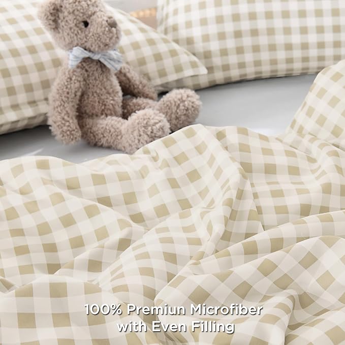 Andency Beige Gingham Comforter Set Twin(66x90Inch), Cream Checkered Grid Plaid Buffalo Bed Set for Girls Boys Kids Teens, 2 Pieces Lightweight Microfiber Geometric Preppy Bedding