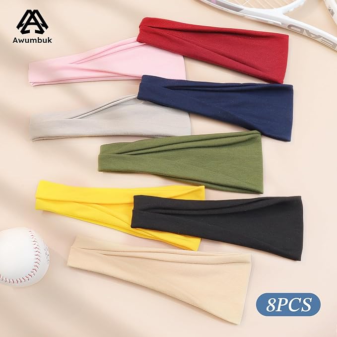 Headbands for Women, 8 Pack Non-Slip Moisture Wicking Sports Wide Head Bands, Stretchy Elastic Fabric, Multiple Colors Securing Hair for Fashion, Sports, Yoga, Running, Daily Life