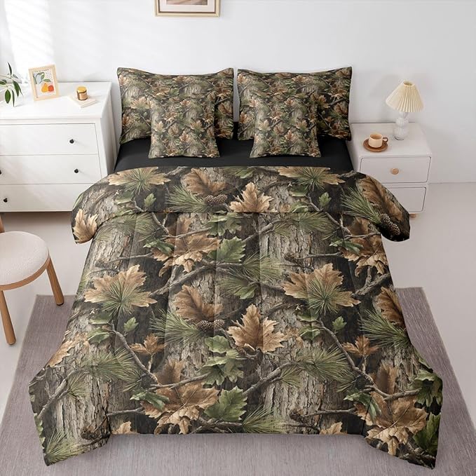 Erosebridal Camo Hunting 7 Piece Bedding Set Queen Rustic Camouflage Comforter Set with Sheets Woodland Cabin Tree Leaves Bed in a Bag Camping Farm House Bed Sets Comforter