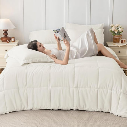 JOLLYVOGUE Queen Comforter Set, Ultra-Soft Bed in a Bag Queen Size 7 Pieces, Oeko-TEX Certified Bedding Set with Down Alternative Comforter, Sheets, Pillowcases & Shams, Ivory