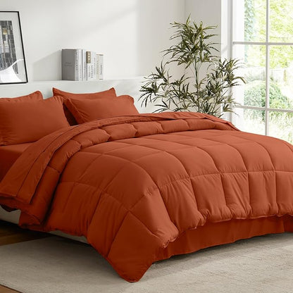 COZYART Full Comforter Set 7 Pcs, Burnt Orange Bed in a Bag, All Season Lightweight Soft Reversible Bedding Sets, 1 Comforter, 1 Flat Sheet, 1 Fitted Sheet, 2 Pillow Shams, 2 Pillowcases