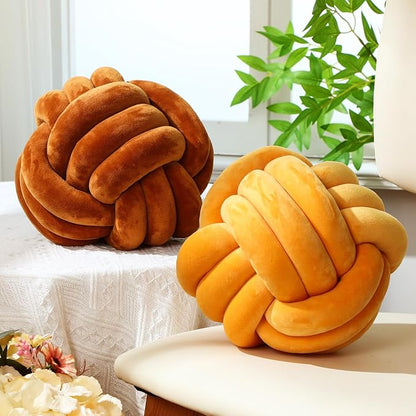 Namalu 2 Pcs Soft Knot Pillow Ball, Decorative Round Throw Knotted Pillows Cushion, Handmade Stuffed Ball Pillows for Winter Bedroom Sofa Couch Home Decor(7.87 Inches,Caramel Color)