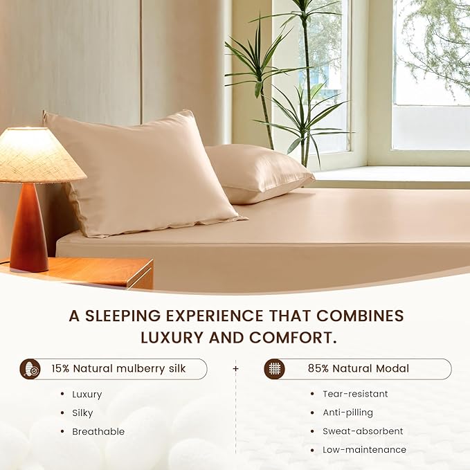 THXSILK Luxury Mulberry Silk Fitted Sheet Set 3 Pcs, Full Silk Bed Sheet Set with 16" Deep Pockets, Soft & Cooling Sheets, 1 Fitted Sheet, 2 Pillowcases with Zipper Closure - Champagne