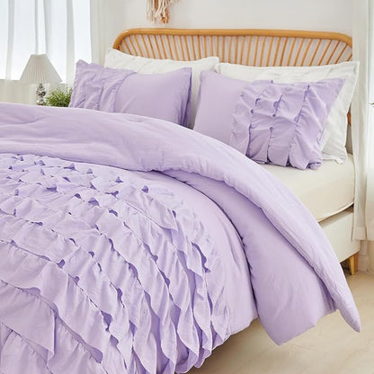 PERFEMET Lavender Comforter Set Queen Size, 3 Pieces Multi Layers Ruffle Bedding Set for Girls Kids, Washed Microfiber Princess Bed Set, Farmhouse Boho Preppy Bedding Set (Purple,Queen)