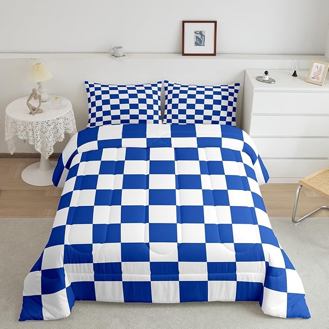 Feelyou Checkered Retro Bedding Set Teen Women Men Blue White Plaid Comforter Set Full Size Kids Boys Girls Geometric Vintage Duvet Insert Modern Simple Groovy Aesthetic Room Decor