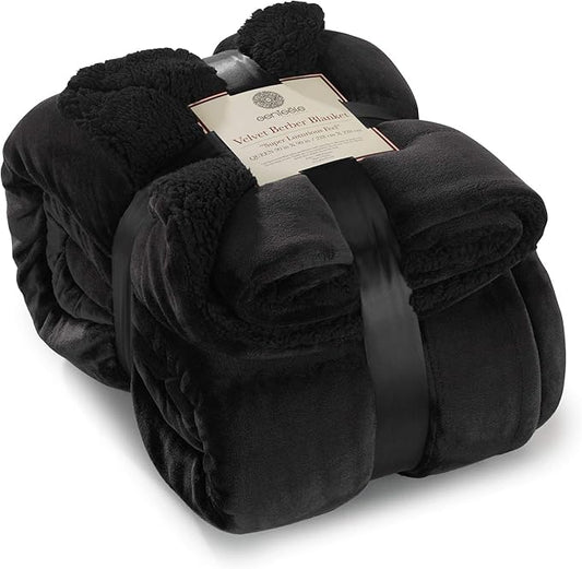 Genteele Sherpa Throw Blanket Super Soft Reversible Ultra Luxurious Plush Blanket, 90 x 90 inches, Black/Black