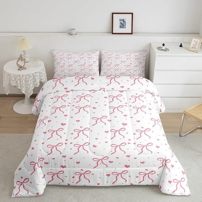 Erosebridal Pink Bowknot Queen Size Comforter Set, Kawaii Bow Knot Bedding Set for Kids Girls Teens Women Bedroom, Dreamy Princess Bow-Tie Down Comforter, Cute Love Heart Duvet Insert