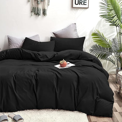 Wellboo Black Comforter Full Size Solid Color Bedding Set Soft 3 Pieces Dark Black Quilt Comforters Lightweight All Seasons Minimalist Design Bedding for Women Men Vintage Bedding