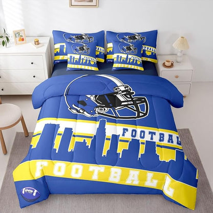 Erosebridal Football City 7 Pcs Comforter Set Twin Football Bedding for Boys Girls Blue Rugby Game Sheet Set Bed in A Bag Football Fans Bedroom Decor Sports Ball Team Bed Set