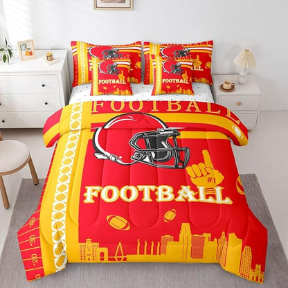 Feelyou Football 7 Pieces Comforter Sets Bedding Set for Boys Kids Teen King Size Sports Theme Football City Bed in a Bag with Comforter, Sheets, Pillowcases & Cushion Cover