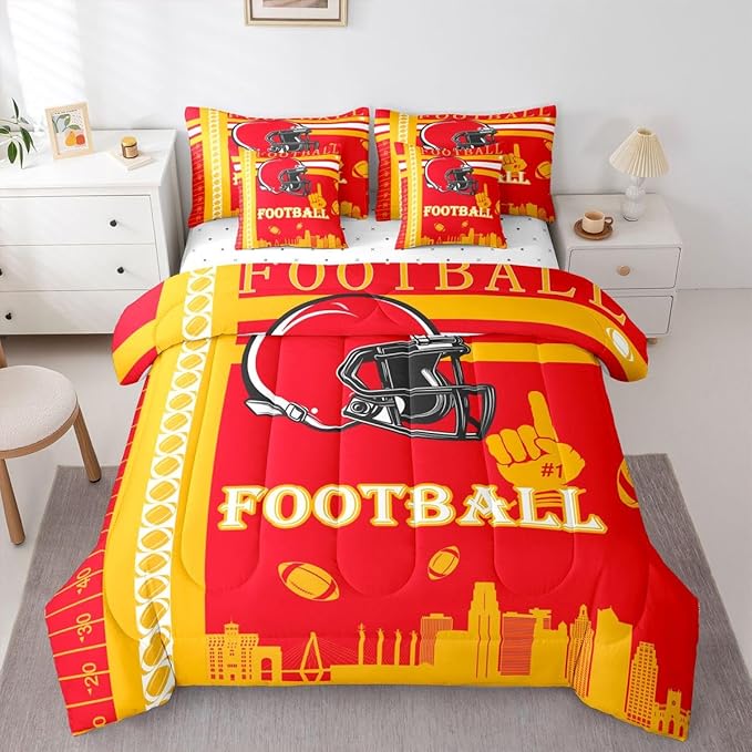 Feelyou Football 7 Pieces Comforter Sets Bedding Set for All Season Queen Size Football City Bed in a Bag with Comforter, Sheets, Pillowcases & Cushion Cover