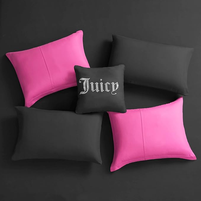 Juicy Couture Alexis Reversible Comforter Set, King Bed in a Bag – Black/Hot Pink, 8-Piece Bedding Collection