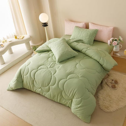 Luxlovery Sage Comforter Set Queen Sunflower Light Green Bedding Comforter Set Queen Size Boho Botanical Big Flowers Quilts Farmhouse Grass Green Comforter for Women Men