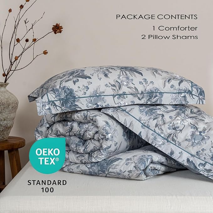 Cotton Comforter King Size Set – Light Grey Blue Botanical Floral Bedding, Soft & Breathable Cotton Shell Comforter, All-Season Down-Alternative Filling, 1 Comforter & 2 Pillow Shams