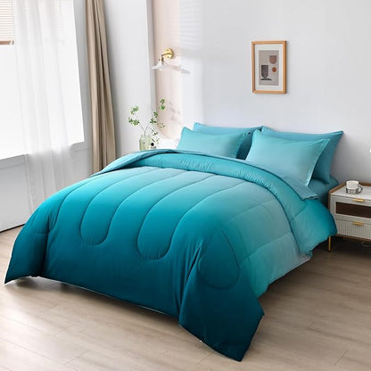 Anibedding 7 Pieces Teal King Comforter Set Lightweight Gradient Teal Green Bed in a Bag Set, All Season Ombre Complete Bedding Set with Flat/Fitted Sheet, 2 Pillowcases and 2 Pillow Shams