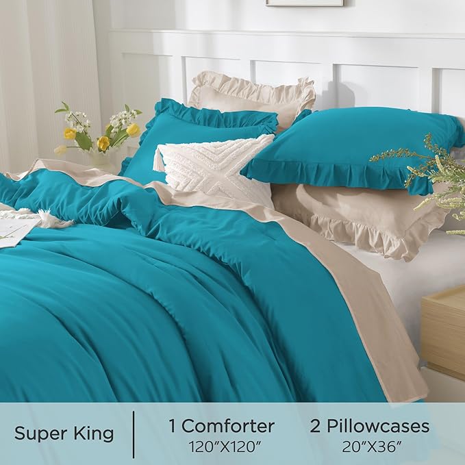 Andency Oversized King Ruffle Comforter Set 120x120, 3 Pieces Turquoise Lightweight Fluffy Super King Bedding Set, Shabby Chic Famhouse All Season Bed Set for Girls Women