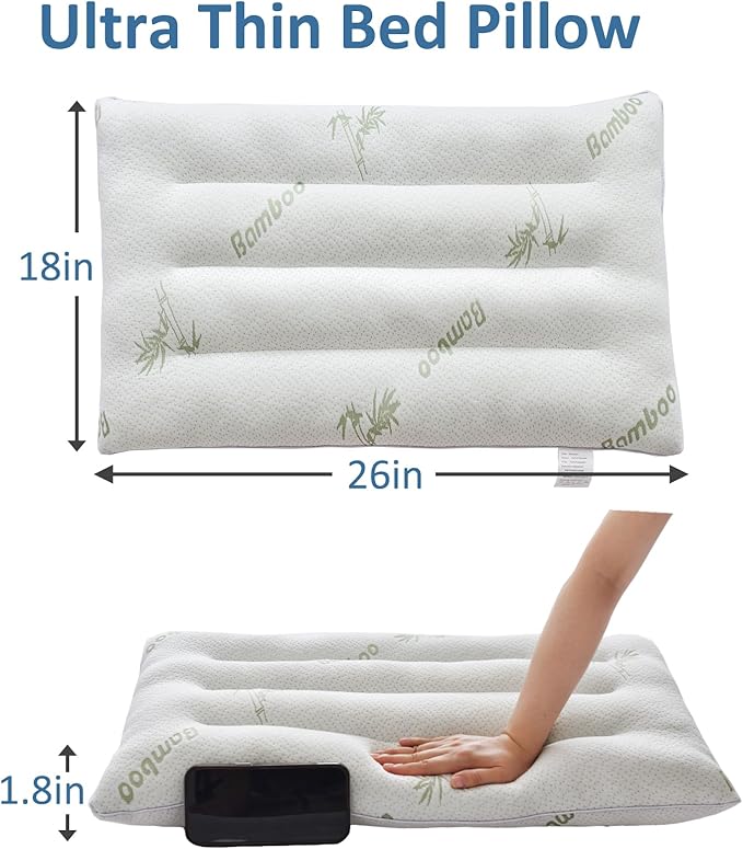SWTMERRY Ultra Thin Pillows for Sleeping, Flat Pillows for Stomach & Side Sleepers, Rayon Derived from Bamboo, 7D High Support 2.5 inch Height Slim Bed Pillow