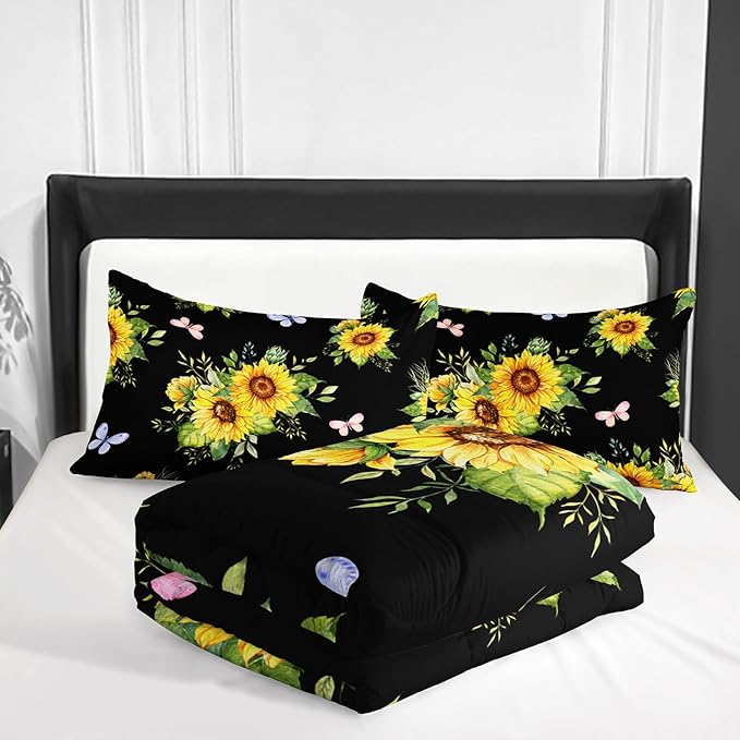 Black 3 Piece Sunflower Comforter Sets Twin Size, Farmhouse Floral Bedding Set for Girls Boys Adults,3 Piece Bed in A Bag, Ultra Soft Microfiber All Season Yellow Flower Bedding Set