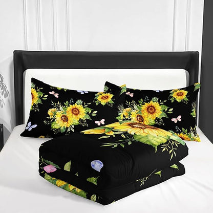 Black 3 Piece Sunflower Comforter Sets Full Size, Farmhouse Floral Bedding Set for Girls Boys Adults,3 Piece Bed in A Bag, Ultra Soft Microfiber All Season Yellow Flower Bedding Set