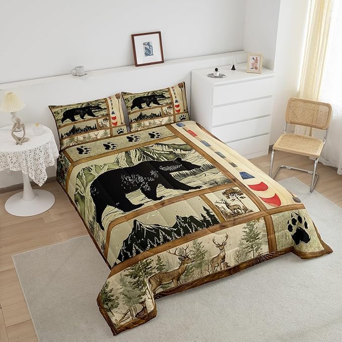 Farmhouse Hunting Bear Comforter Set Queen Size, Lake House Decor Bedding, Retro Woodland Lake Paddle Down Comforter, Deer Moose Wildlife Duvet Insert, Rustic Buffalo Grid Quilt Cabin Lodge Decor