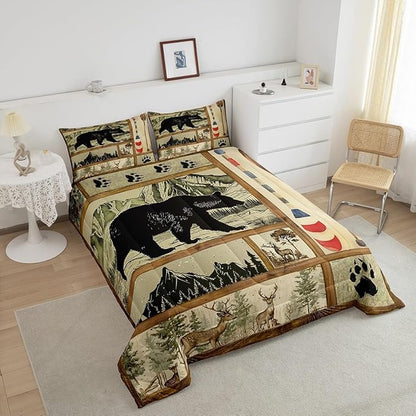 Farmhouse Hunting Bear Comforter Set Queen Size, Lake House Decor Bedding, Retro Woodland Lake Paddle Down Comforter, Deer Moose Wildlife Duvet Insert, Rustic Buffalo Grid Quilt Cabin Lodge Decor