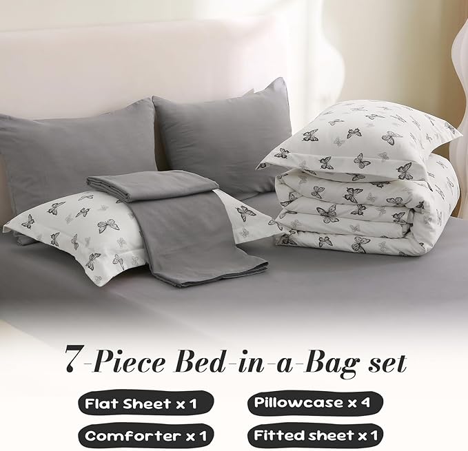 7 Pieces Black Butterfly Comforter Set for Girls Kids Soft Fluffy Bedding Set Twin Size Bed in A Bag as Gifts (1 Comforter, 1 Flat Sheet, 1 Fitted Sheet, 2 Pillowcase and 2 Pillow Sham)
