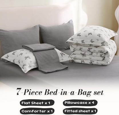 7 Pieces Black Butterfly Comforter Set for Girls Kids Soft Fluffy Bedding Set Twin Size Bed in A Bag as Gifts (1 Comforter, 1 Flat Sheet, 1 Fitted Sheet, 2 Pillowcase and 2 Pillow Sham)