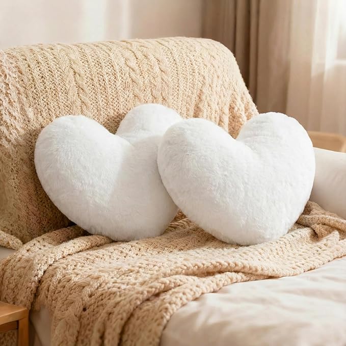 Nydotd Heart Pillows Cute Fuzzy Throw Pillow White Love Heart Shaped Decorate Pillows for Bed Livingroom Sofa Gifts Home Decor Cushion Small 11.8" x 10"