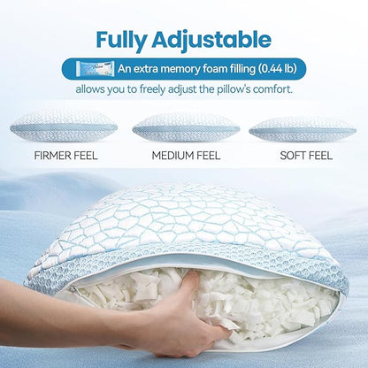 QUTOOL Double Sided Cooling Pillow for Hot Sleepers, Shredded Memory Foam Pillows Queen Size Set of 2, Adjustable Soft & Firm Gel Bed Pillow for Side, Back, Stomach Sleepers