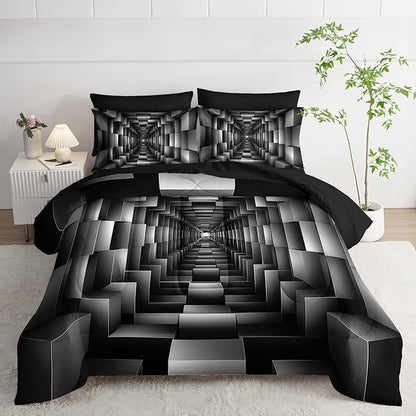 7 Piece Black and White Checkered Comforter Set Queen，Geometric Bedding Set Boys，Geometric Bedroom Decor，(1 Comforter, 1 Flat Sheet, 1 Fitted Sheet, 2 Pillowcase and 2 Pillow Sham)