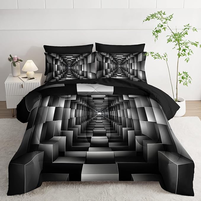 7 Piece Black and White Checkered Comforter Set King，Geometric Bedding Set Boys，Geometric Bedroom Decor，(1 Comforter, 1 Flat Sheet, 1 Fitted Sheet, 2 Pillowcase and 2 Pillow Sham)