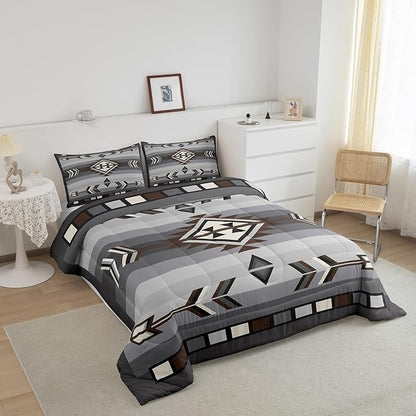 Erosebridal Rustic Western Full Comforter Set American Native Southwestern Bedding Set for Boys Men Bohemian Aztec Quilt Bedding Sets Exotic Ethnic Tribal Bed Set Brown Grey Farmhouse Decor 3 Pcs
